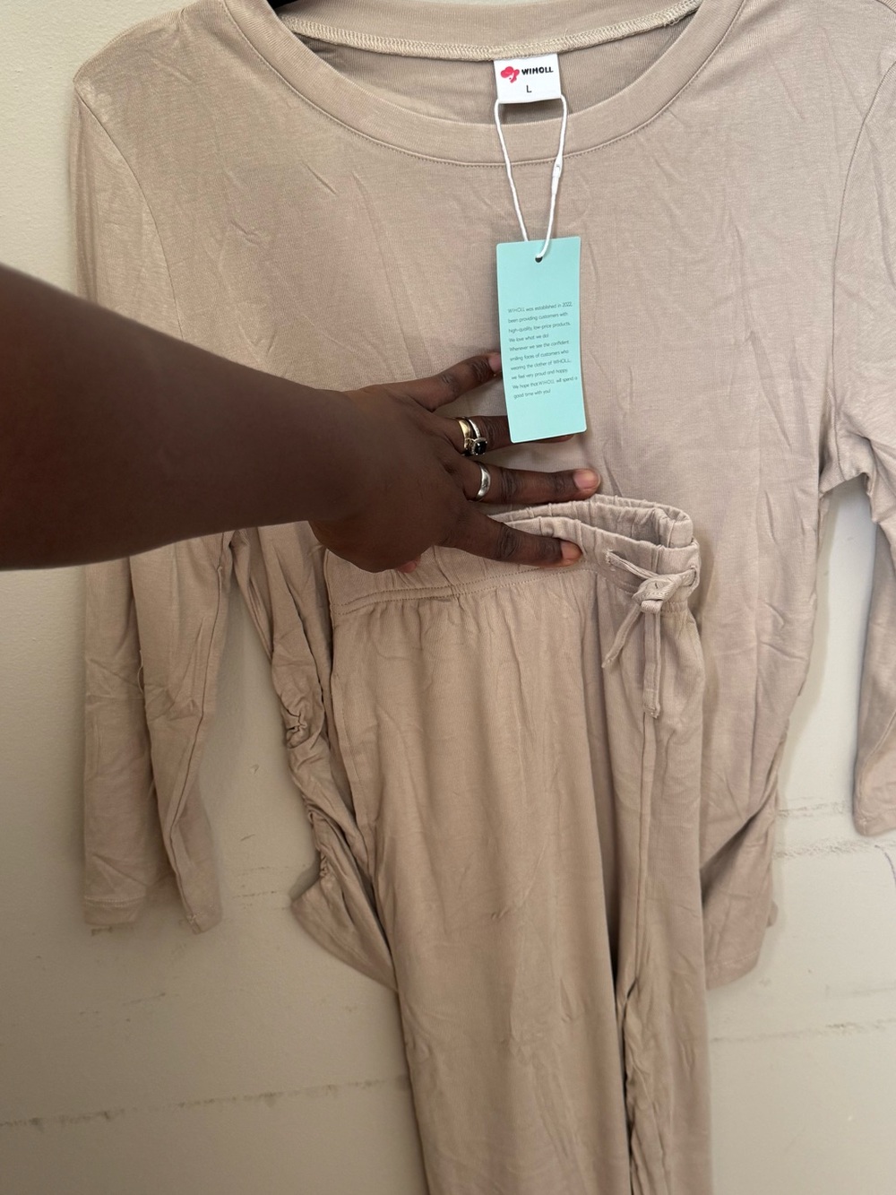 Wholll Beige Lounge Set - Soft Long Sleeve Top & Drawstring Pants